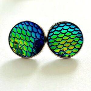 20mm Mermaid Scales Stainless Steel Stud Earrings, Handmade, NWT